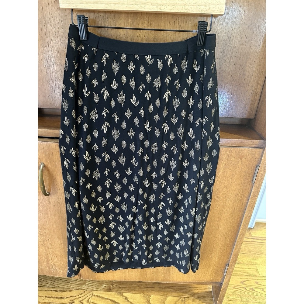 J.Jill Fall Midi Skirt Black w/Tan Leaves Womens Sz S Petite Elastic Waist Rayon